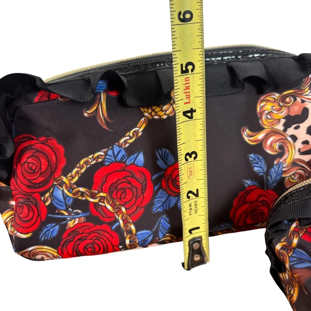 Betsey Johnson 2pc Cosmetic Bag Set Floral Leopard Ruffle Black Red Gold Rose